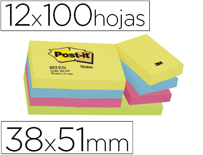 12 blocs de 100 notas adhesivas quita y pon Post-it 38x51mm. neón surtidos